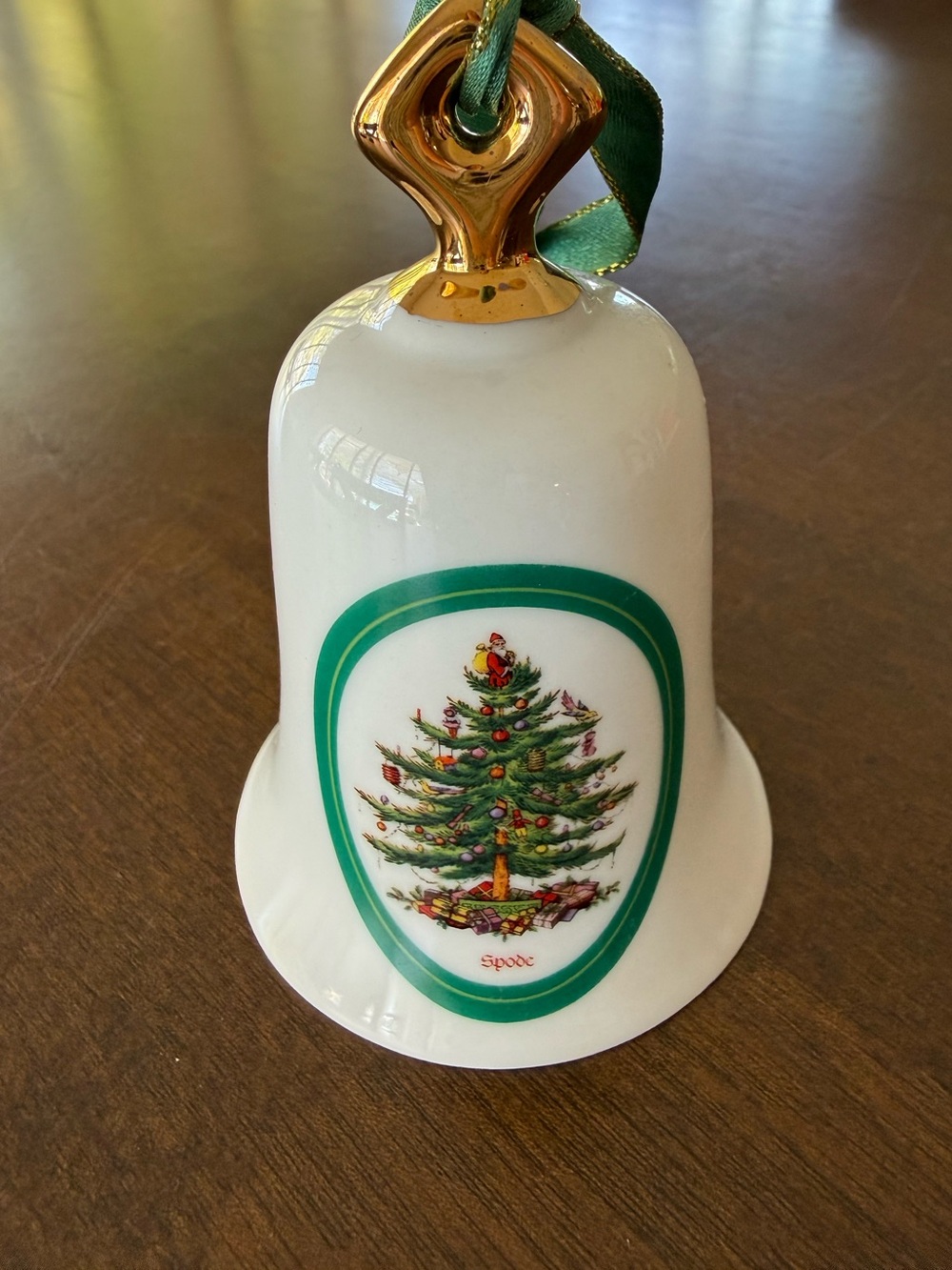 Spode White, Green & Gold Porcelain Christmas Tree Bell Ornament